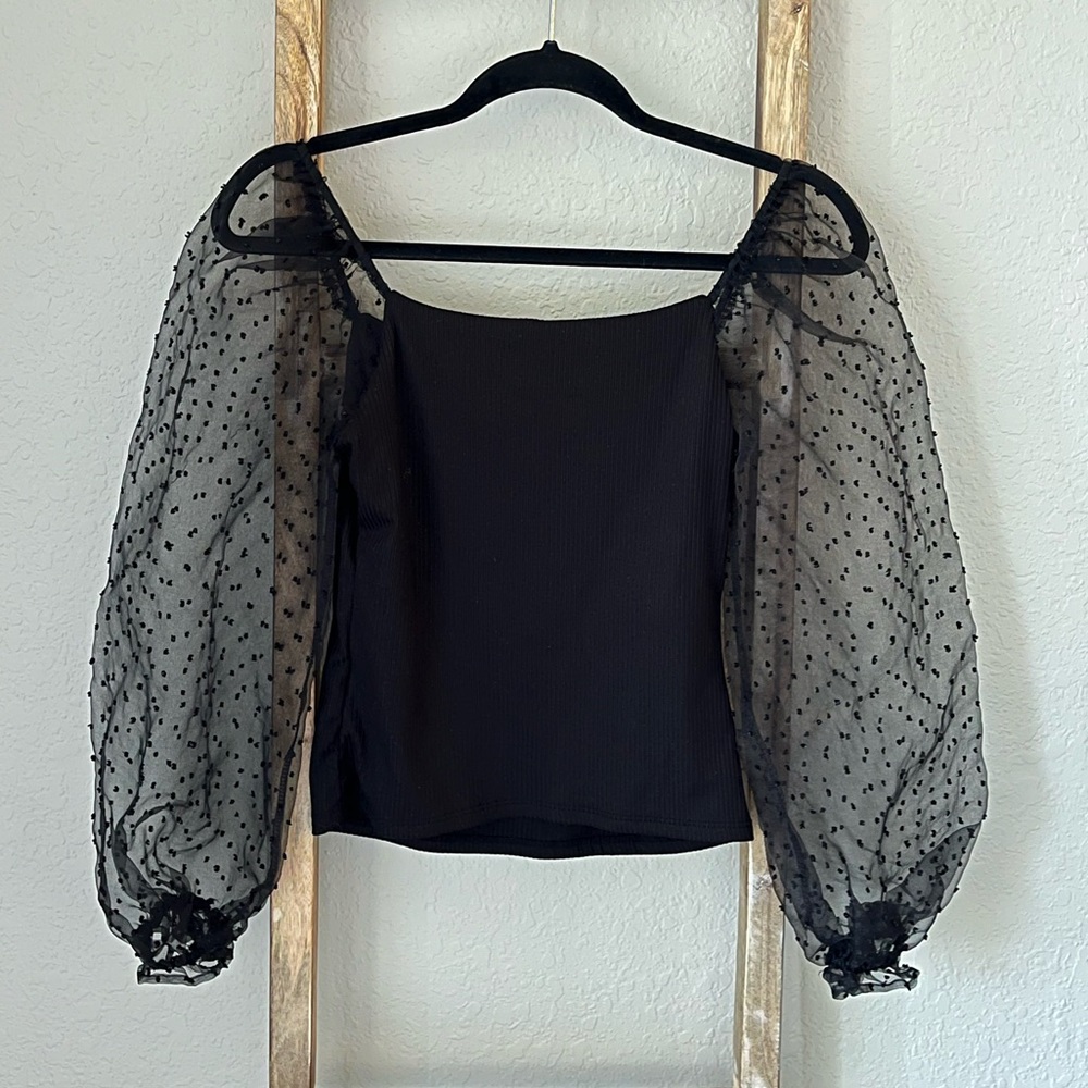 Lush Black Sheer Puff Sleeve Top Size S